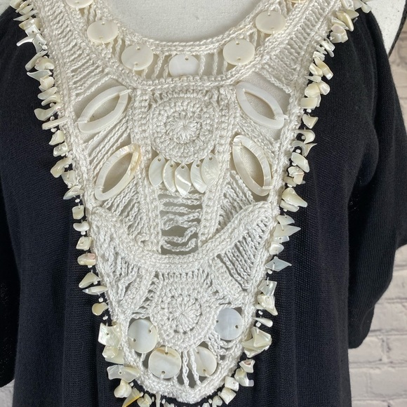 Nanette Lepore Black White Embroidered Crochet Beaded Cold Shoulder Dress Large - Picture 2 of 11